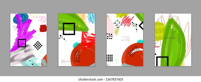 Abstract universal art web header template. Collage made with scribbles, marker, canyon strokes, black geometric shapes, ink drawn splashes. Bright colored isolated on white background cover template.