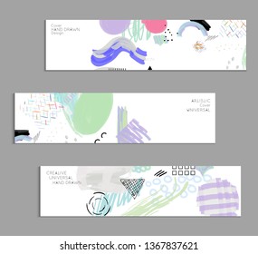 Abstract universal art web header template. Collage made with scribbles, marker, canyon strokes, black geometric shapes, ink drawn splashes. Bright colored isolated on white background cover template.