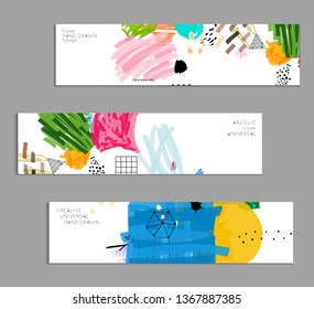 Abstract universal art web header template. Collage made with scribbles, marker, canyon strokes, black geometric shapes, ink drawn splashes. Bright colored isolated on white background cover template.