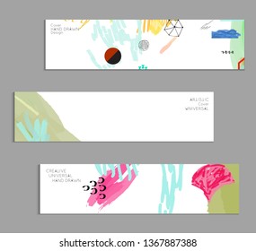 Abstract universal art web header template. Collage made with scribbles, marker, canyon strokes, black geometric shapes, ink drawn splashes. Bright colored isolated on white background cover template.