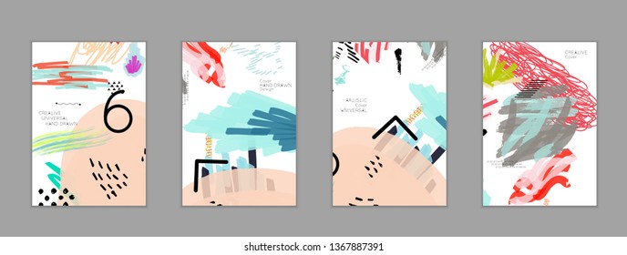 Abstract universal art web header template. Collage made with scribbles, marker, canyon strokes, black geometric shapes, ink drawn splashes. Bright colored isolated on white background cover template.