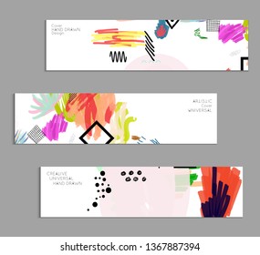 Abstract universal art web header template. Collage made with scribbles, marker, canyon strokes, black geometric shapes, ink drawn splashes. Bright colored isolated on white background cover template.