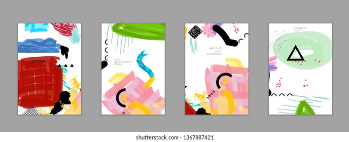 Abstract universal art web header template. Collage made with scribbles, marker, canyon strokes, black geometric shapes, ink drawn splashes. Bright colored isolated on white background cover template.