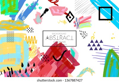 Abstract universal art web header template. Collage made with scribbles, marker, canyon strokes, black geometric shapes, ink drawn splashes. Bright colored isolated on white background cover template.