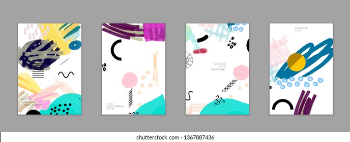 Abstract universal art web header template. Collage made with scribbles, marker, canyon strokes, black geometric shapes, ink drawn splashes. Bright colored isolated on white background cover template.