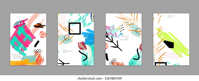 Abstract universal art web header template. Collage made with scribbles, marker, canyon strokes, black geometric shapes, ink drawn splashes. Bright colored isolated on white background cover template.