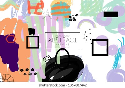 Abstract universal art web header template. Collage made with scribbles, marker, canyon strokes, black geometric shapes, ink drawn splashes. Bright colored isolated on white background cover template.