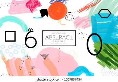 Abstract universal art web header template. Collage made with scribbles, marker, canyon strokes, black geometric shapes, ink drawn splashes. Bright colored isolated on white background cover template.