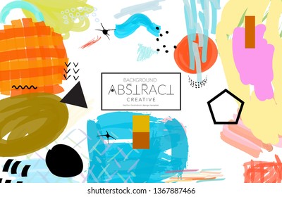 Abstract universal art web header template. Collage made with scribbles, marker, canyon strokes, black geometric shapes, ink drawn splashes. Bright colored isolated on white background cover template.