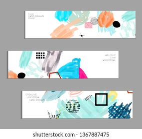 Abstract universal art web header template. Collage made with scribbles, marker, canyon strokes, black geometric shapes, ink drawn splashes. Bright colored isolated on white background cover template.