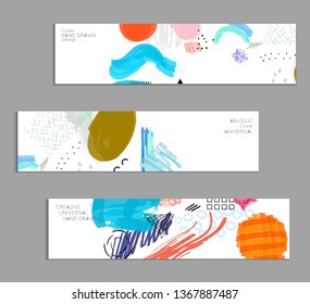 Abstract universal art web header template. Collage made with scribbles, marker, canyon strokes, black geometric shapes, ink drawn splashes. Bright colored isolated on white background cover template.