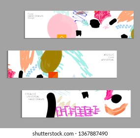 Abstract universal art web header template. Collage made with scribbles, marker, canyon strokes, black geometric shapes, ink drawn splashes. Bright colored isolated on white background cover template.