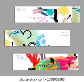 Abstract universal art web header template. Collage made with scribbles, marker, canyon strokes, black geometric shapes, ink drawn splashes. Bright colored isolated on white background cover template.