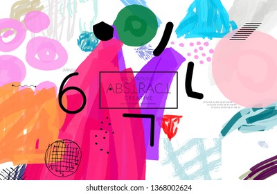 Abstract universal art web header template. Collage made with scribbles, marker, canyon strokes, black geometric shapes, ink drawn splashes. Bright colored isolated on white background cover template.