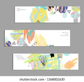 Abstract universal art web header template. Collage made with scribbles, marker, canyon strokes, black geometric shapes, ink drawn splashes. Bright colored isolated on white background cover template.
