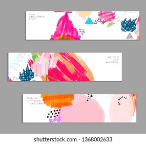 Abstract universal art web header template. Collage made with scribbles, marker, canyon strokes, black geometric shapes, ink drawn splashes. Bright colored isolated on white background cover template.