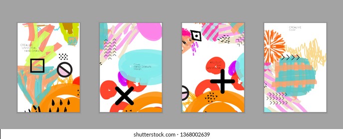 Abstract universal art web header template. Collage made with scribbles, marker, canyon strokes, black geometric shapes, ink drawn splashes. Bright colored isolated on white background cover template.