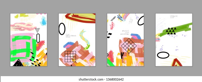 Abstract universal art web header template. Collage made with scribbles, marker, canyon strokes, black geometric shapes, ink drawn splashes. Bright colored isolated on white background cover template.