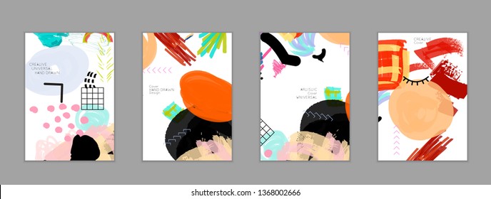 Abstract universal art web header template. Collage made with scribbles, marker, canyon strokes, black geometric shapes, ink drawn splashes. Bright colored isolated on white background cover template.