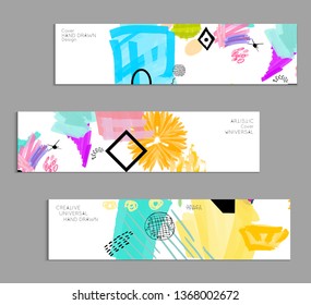 Abstract universal art web header template. Collage made with scribbles, marker, canyon strokes, black geometric shapes, ink drawn splashes. Bright colored isolated on white background cover template.