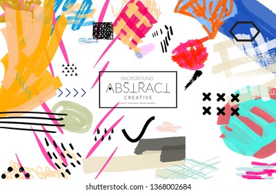 Abstract universal art web header template. Collage made with scribbles, marker, canyon strokes, black geometric shapes, ink drawn splashes. Bright colored isolated on white background cover template.