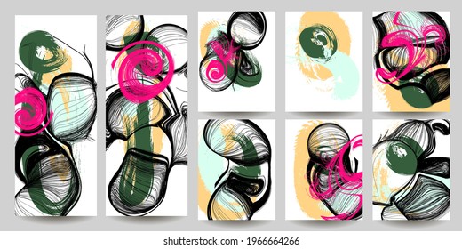 Abstract universal art web header template. Collage made with scribbles, marker, canyon strokes, black geometric shapes, ink drawn splashes. Bright colored isolated on white background cover template
