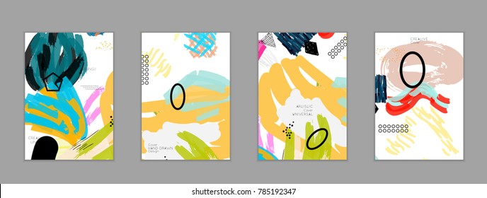 Abstract universal art web header template. Collage made with scribbles, marker, canyon strokes, black geometric shapes, ink drawn splashes. Bright colored isolated on white background cover template.