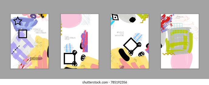 Abstract universal art web header template. Collage made with scribbles, marker, canyon strokes, black geometric shapes, ink drawn splashes. Bright colored isolated on white background cover template.