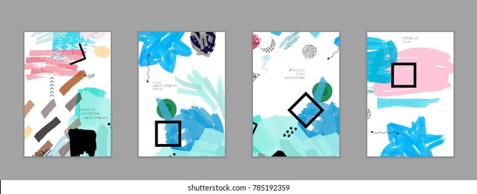 Abstract universal art web header template. Collage made with scribbles, marker, canyon strokes, black geometric shapes, ink drawn splashes. Bright colored isolated on white background cover template.