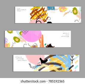 Abstract universal art web header template. Collage made with scribbles, marker, canyon strokes, black geometric shapes, ink drawn splashes. Bright colored isolated on white background cover template.