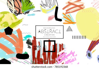 Abstract universal art web header template. Collage made with scribbles, marker, canyon strokes, black geometric shapes, ink drawn splashes. Bright colored isolated on white background cover template.