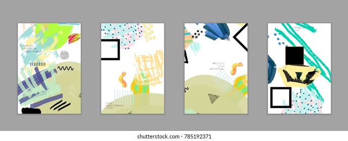 Abstract universal art web header template. Collage made with scribbles, marker, canyon strokes, black geometric shapes, ink drawn splashes. Bright colored isolated on white background cover template.