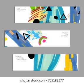 Abstract universal art web header template. Collage made with scribbles, marker, canyon strokes, black geometric shapes, ink drawn splashes. Bright colored isolated on white background cover template.