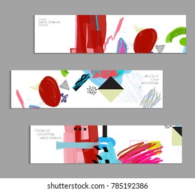Abstract universal art web header template. Collage made with scribbles, marker, canyon strokes, black geometric shapes, ink drawn splashes. Bright colored isolated on white background cover template.
