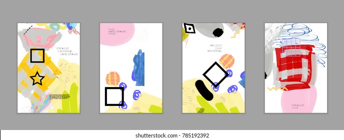 Abstract universal art web header template. Collage made with scribbles, marker, canyon strokes, black geometric shapes, ink drawn splashes. Bright colored isolated on white background cover template.