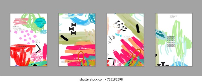 Abstract universal art web header template. Collage made with scribbles, marker, canyon strokes, black geometric shapes, ink drawn splashes. Bright colored isolated on white background cover template.
