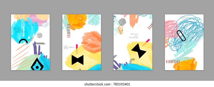 Abstract universal art web header template. Collage made with scribbles, marker, canyon strokes, black geometric shapes, ink drawn splashes. Bright colored isolated on white background cover template.