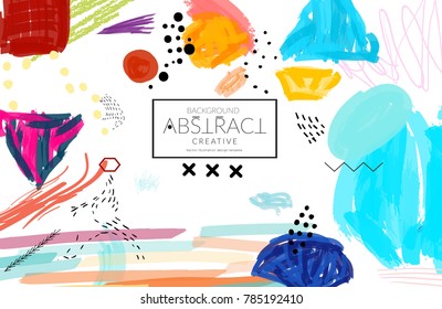 Abstract universal art web header template. Collage made with scribbles, marker, canyon strokes, black geometric shapes, ink drawn splashes. Bright colored isolated on white background cover template.