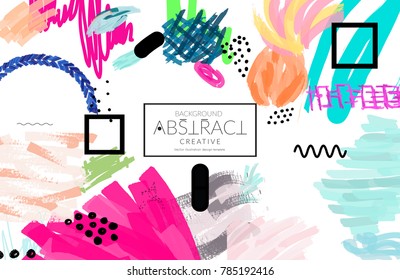 Abstract universal art web header template. Collage made with scribbles, marker, canyon strokes, black geometric shapes, ink drawn splashes. Bright colored isolated on white background cover template.