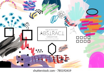Abstract universal art web header template. Collage made with scribbles, marker, canyon strokes, black geometric shapes, ink drawn splashes. Bright colored isolated on white background cover template.