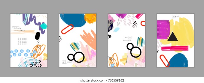 Plantilla de encabezado web de arte universal resumida. Collage hecho con garabatos, marcadores, trazos de cañón, formas geométricas negras, salpicaduras con tinta. Color claro aislado en la plantilla de cubierta de fondo blanco.