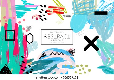 Abstract universal art web header template. Collage made with scribbles, marker, canyon strokes, black geometric shapes, ink drawn splashes. Bright colored isolated on white background cover template.