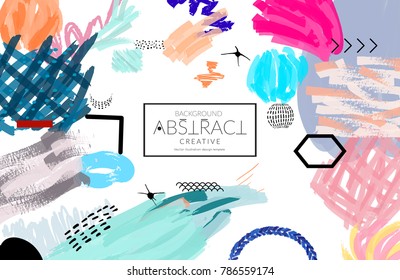 Abstract universal art web header template. Collage made with scribbles, marker, canyon strokes, black geometric shapes, ink drawn splashes. Bright colored isolated on white background cover template.