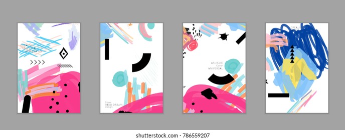 Abstract universal art web header template. Collage made with scribbles, marker, canyon strokes, black geometric shapes, ink drawn splashes. Bright colored isolated on white background cover template.