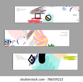 Abstract universal art web header template. Collage made with scribbles, marker, canyon strokes, black geometric shapes, ink drawn splashes. Bright colored isolated on white background cover template.