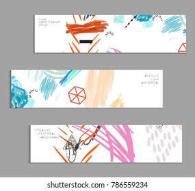 Abstract universal art web header template. Collage made with scribbles, marker, canyon strokes, black geometric shapes, ink drawn splashes. Bright colored isolated on white background cover template.