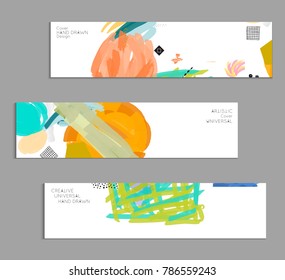 Abstract universal art web header template. Collage made with scribbles, marker, canyon strokes, black geometric shapes, ink drawn splashes. Bright colored isolated on white background cover template.