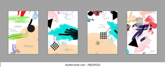 Abstract universal art web header template. Collage made with scribbles, marker, canyon strokes, black geometric shapes, ink drawn splashes. Bright colored isolated on white background cover template.