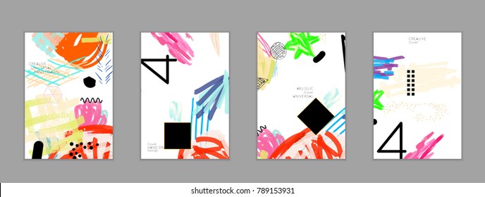 Abstract universal art web header template. Collage made with scribbles, marker, canyon strokes, black geometric shapes, ink drawn splashes. Bright colored isolated on white background cover template.