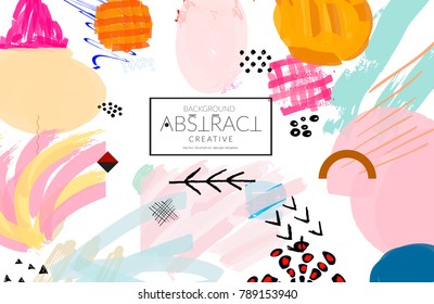 Abstract universal art web header template. Collage made with scribbles, marker, canyon strokes, black geometric shapes, ink drawn splashes. Bright colored isolated on white background cover template.